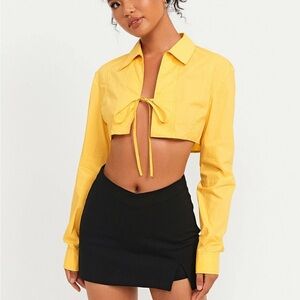 SOLADO Lapel Neck Tie Front Solid Long Sleeve Collar Top Blouse Yellow Small